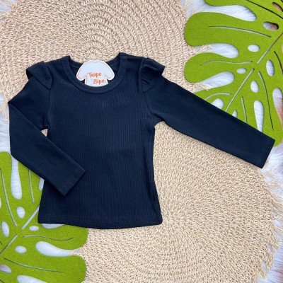 Conj. Blusa Manga Longa Ribana e Salopete de Moletom Laços - Preto e Areia